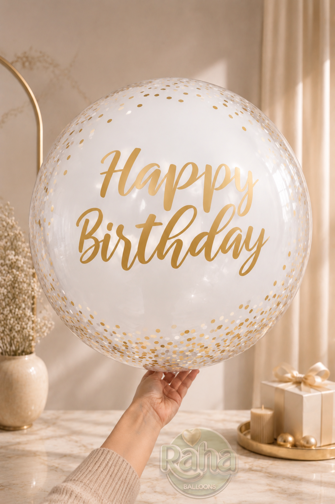 سوپر بالن سفید کریستالی خالدار با طرح Happy birthday نود
